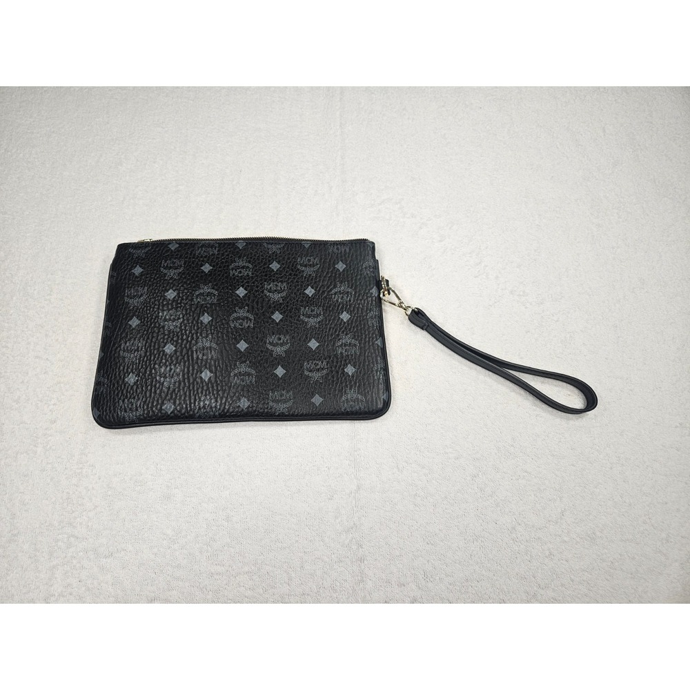 MCM Black Monogram Clutch Bag Authentic Unisex Zip Travel Party Handbag